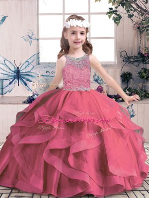 High End Sleeveless Tulle Floor Length Lace Up Kids Pageant Dress in Red with Beading and Ruffles