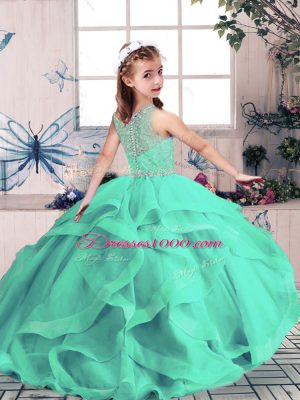 High End Sleeveless Tulle Floor Length Lace Up Kids Pageant Dress in Red with Beading and Ruffles