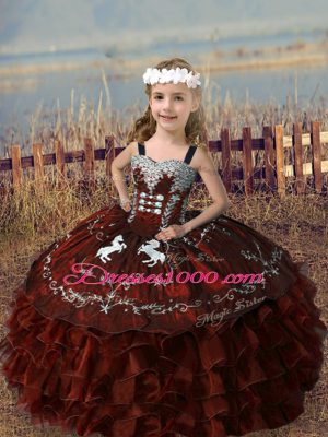 Sweet Organza Sleeveless Floor Length Little Girls Pageant Dress and Embroidery and Ruffled Layers