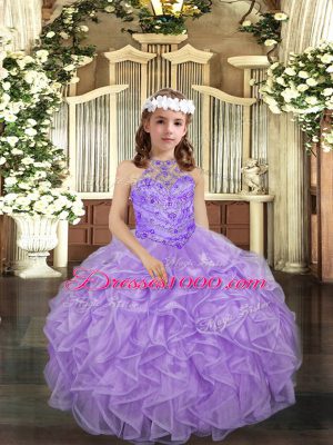 Sleeveless Lace Up Floor Length Beading and Ruffles Child Pageant Dress