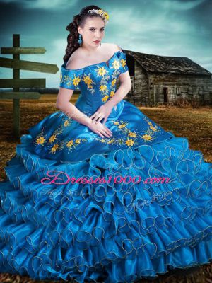 Blue Off The Shoulder Neckline Embroidery and Ruffles Quinceanera Dresses Sleeveless Lace Up