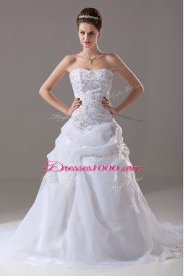 Perfect White Wedding Gown Organza Brush Train Sleeveless Embroidery