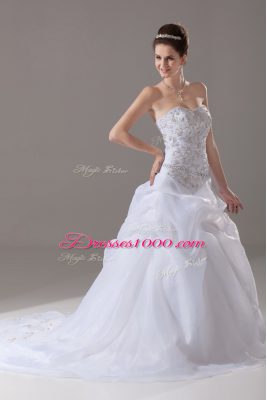 Perfect White Wedding Gown Organza Brush Train Sleeveless Embroidery