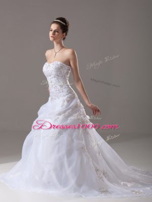 Perfect White Wedding Gown Organza Brush Train Sleeveless Embroidery