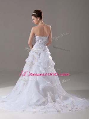 Perfect White Wedding Gown Organza Brush Train Sleeveless Embroidery