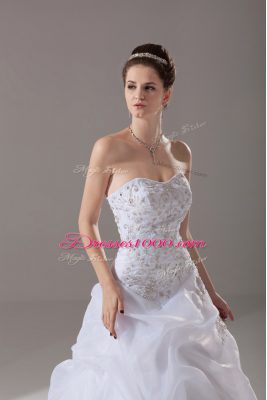 Perfect White Wedding Gown Organza Brush Train Sleeveless Embroidery