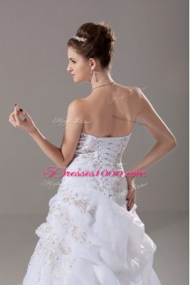 Perfect White Wedding Gown Organza Brush Train Sleeveless Embroidery