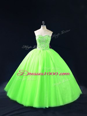 Stunning Ball Gowns Tulle Sweetheart Sleeveless Beading Floor Length Lace Up Quince Ball Gowns