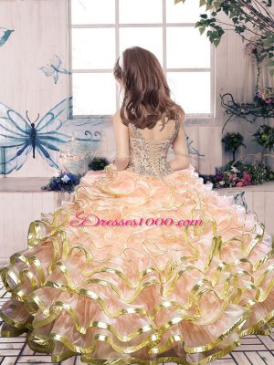 Green Lace Up Party Dress for Girls Beading and Ruffles Sleeveless Floor Length