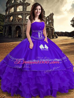 Floor Length Lace Up Quinceanera Dress Purple for Sweet 16 and Quinceanera with Embroidery and Ruffles