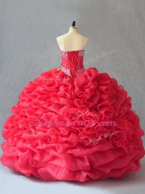 Sleeveless Floor Length Beading and Pick Ups Lace Up Quinceanera Dress with Coral Red