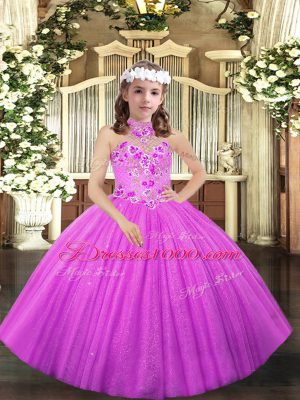 Lilac Sleeveless Appliques Floor Length Little Girls Pageant Dress