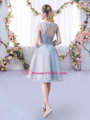 Grey Lace Up Scoop Lace and Belt Dama Dress for Quinceanera Tulle Sleeveless