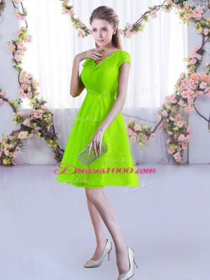 On Sale Cap Sleeves Lace Mini Length Lace Up Wedding Guest Dresses in Yellow Green with Lace
