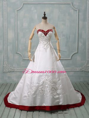 White Satin Lace Up Wedding Dresses Sleeveless Brush Train Beading and Embroidery