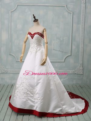 White Satin Lace Up Wedding Dresses Sleeveless Brush Train Beading and Embroidery
