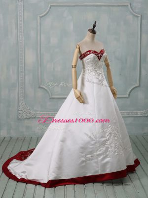 White Satin Lace Up Wedding Dresses Sleeveless Brush Train Beading and Embroidery