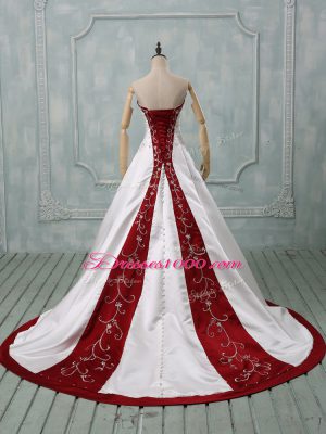 White Satin Lace Up Wedding Dresses Sleeveless Brush Train Beading and Embroidery
