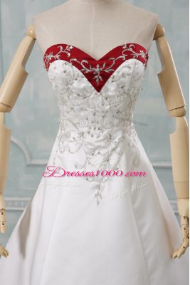 White Satin Lace Up Wedding Dresses Sleeveless Brush Train Beading and Embroidery