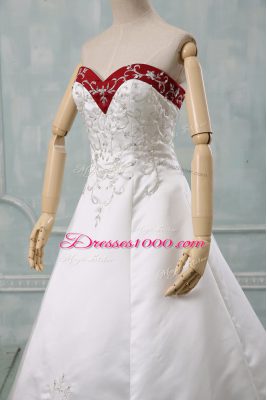 White Satin Lace Up Wedding Dresses Sleeveless Brush Train Beading and Embroidery