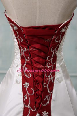 White Satin Lace Up Wedding Dresses Sleeveless Brush Train Beading and Embroidery