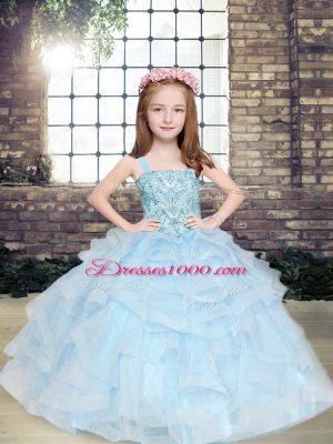 Sleeveless Tulle Floor Length Lace Up Little Girls Pageant Gowns in Light Blue with Beading and Ruffles