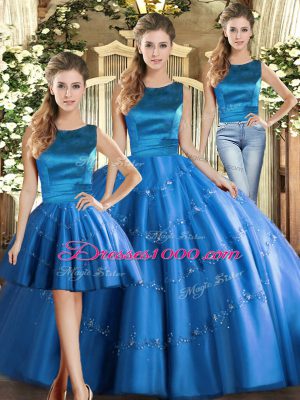 Appliques Quinceanera Gown Blue Lace Up Sleeveless Floor Length