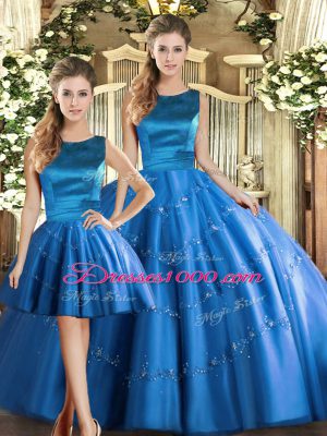 Appliques Quinceanera Gown Blue Lace Up Sleeveless Floor Length