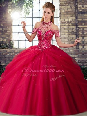 Coral Red Sleeveless Brush Train Beading and Pick Ups Quinceanera Gowns