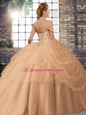 Coral Red Sleeveless Brush Train Beading and Pick Ups Quinceanera Gowns