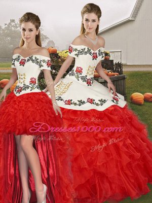 Fashionable White And Red Sleeveless Embroidery and Ruffles Floor Length 15th Birthday Dress