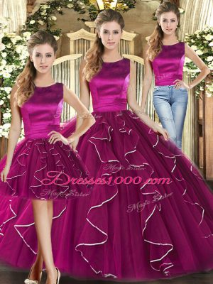 Simple Scoop Sleeveless Sweet 16 Dresses Floor Length Ruffles Fuchsia Tulle