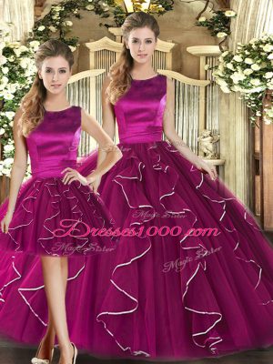 Simple Scoop Sleeveless Sweet 16 Dresses Floor Length Ruffles Fuchsia Tulle