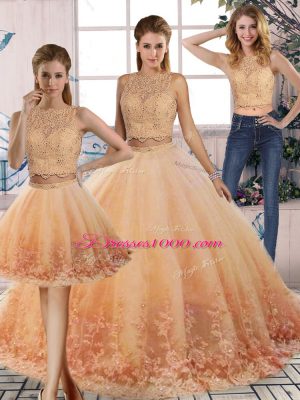 Sweep Train Three Pieces 15 Quinceanera Dress Peach Scalloped Tulle Sleeveless Backless