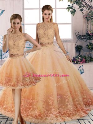 Sweep Train Three Pieces 15 Quinceanera Dress Peach Scalloped Tulle Sleeveless Backless