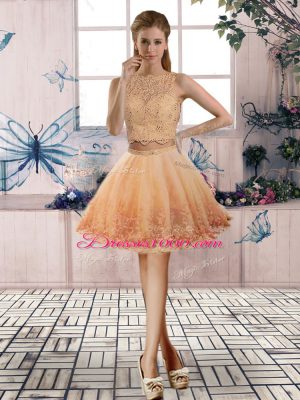 Sweep Train Three Pieces 15 Quinceanera Dress Peach Scalloped Tulle Sleeveless Backless