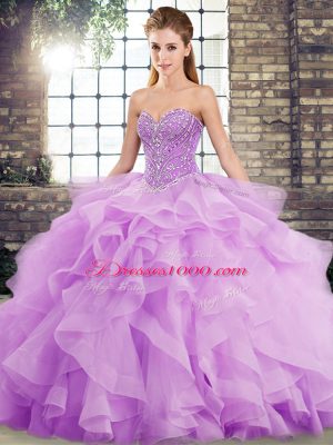 Ball Gowns Sleeveless Lavender Quinceanera Gown Brush Train Lace Up