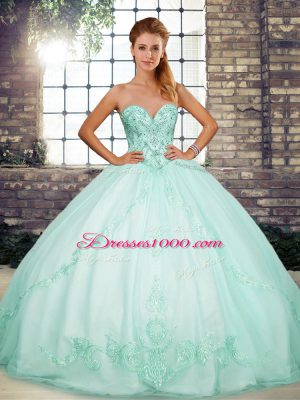 Apple Green Ball Gowns Sweetheart Sleeveless Tulle Floor Length Lace Up Beading and Embroidery 15 Quinceanera Dress