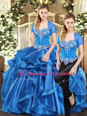 Organza Sweetheart Sleeveless Lace Up Beading and Ruffles Sweet 16 Quinceanera Dress in Blue