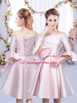 Classical Baby Pink A-line Off The Shoulder 3 4 Length Sleeve Satin Mini Length Lace Up Bowknot Bridesmaids Dress