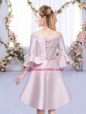 Classical Baby Pink A-line Off The Shoulder 3 4 Length Sleeve Satin Mini Length Lace Up Bowknot Bridesmaids Dress