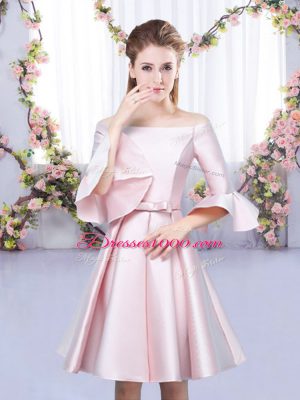 Classical Baby Pink A-line Off The Shoulder 3 4 Length Sleeve Satin Mini Length Lace Up Bowknot Bridesmaids Dress