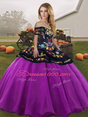 Off The Shoulder Sleeveless 15 Quinceanera Dress Floor Length Embroidery Black And Purple Tulle