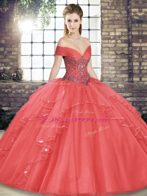 Off The Shoulder Sleeveless 15th Birthday Dress Floor Length Beading and Ruffles Watermelon Red Tulle