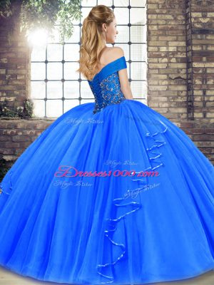 Off The Shoulder Sleeveless 15th Birthday Dress Floor Length Beading and Ruffles Watermelon Red Tulle