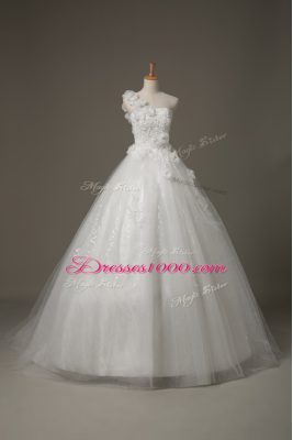 Customized White One Shoulder Lace Up Beading and Lace and Hand Made Flower Bridal Gown Brush Train Sleeveless