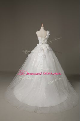 Customized White One Shoulder Lace Up Beading and Lace and Hand Made Flower Bridal Gown Brush Train Sleeveless