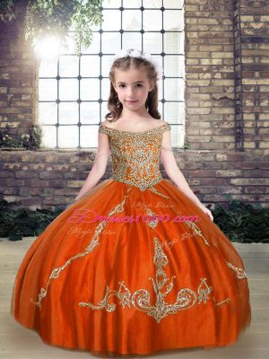 Stunning Orange Red Ball Gowns Tulle Off The Shoulder Sleeveless Beading Floor Length Lace Up Little Girls Pageant Dress