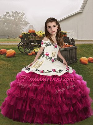Fashion Organza Sleeveless Floor Length Little Girl Pageant Gowns and Embroidery and Ruffled Layers
