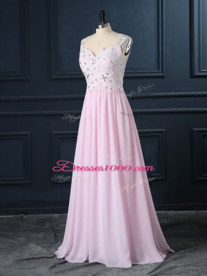 Spectacular Floor Length Baby Pink Prom Dresses Straps Cap Sleeves Backless